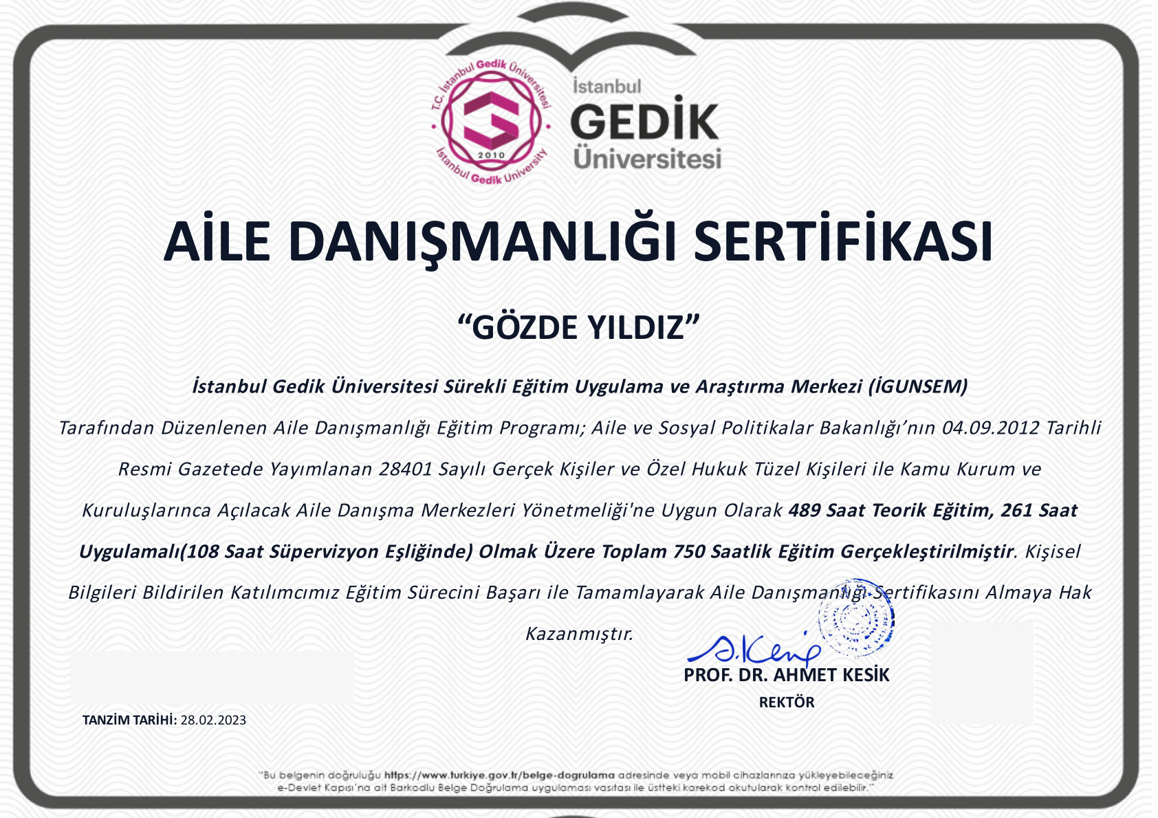 Aile Danışmanlığı Eğitimi belgesi