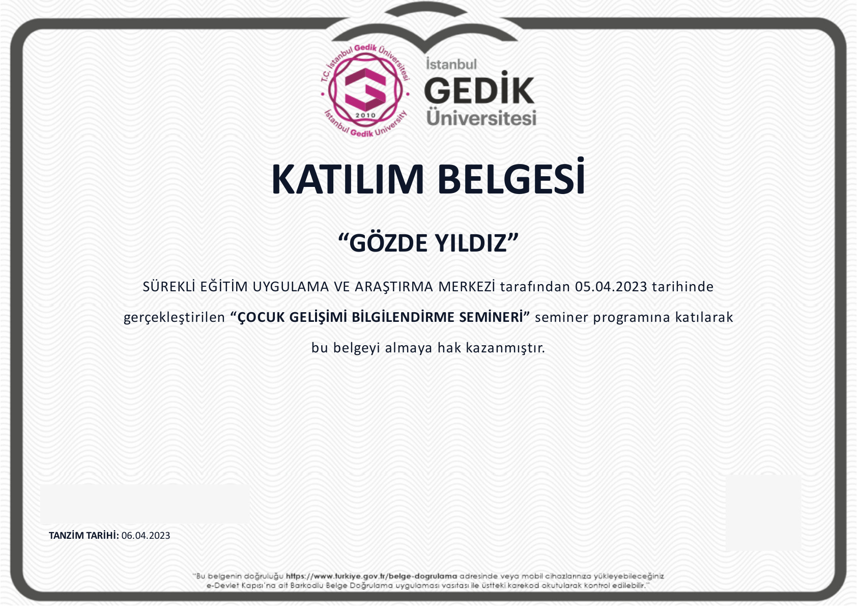 Çocuk gelişimi bilgilendirme semineri belgesi