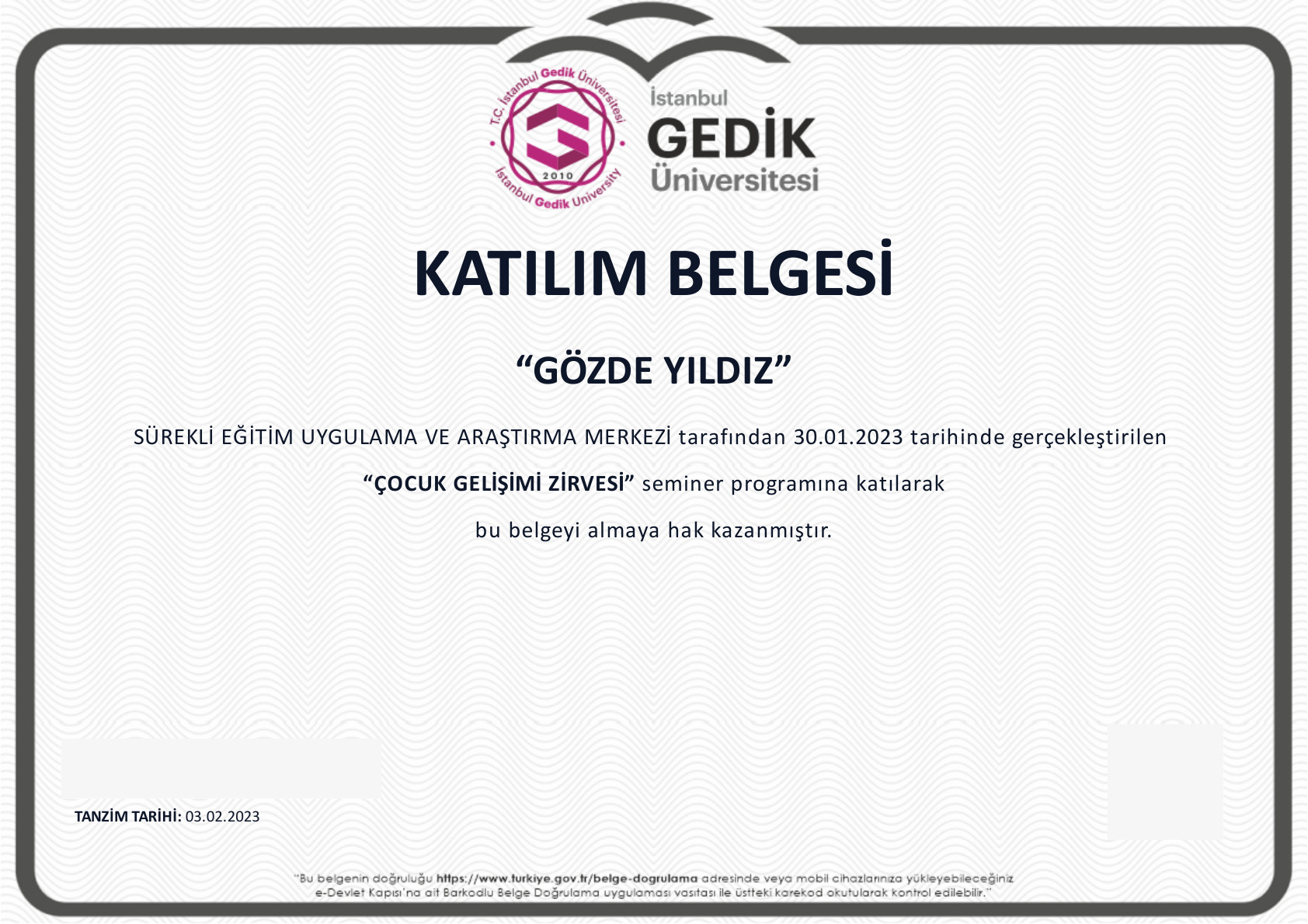Çocuk Gelişimi Zirvesi belgesi