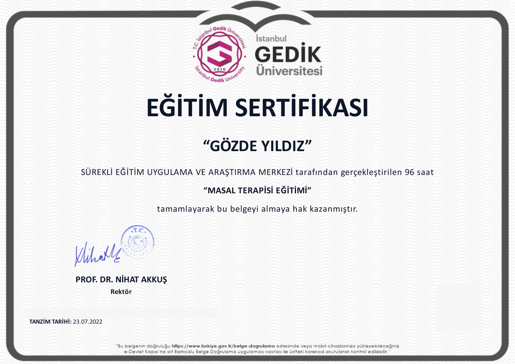 Masal Terapisi Eğitimi belgesi