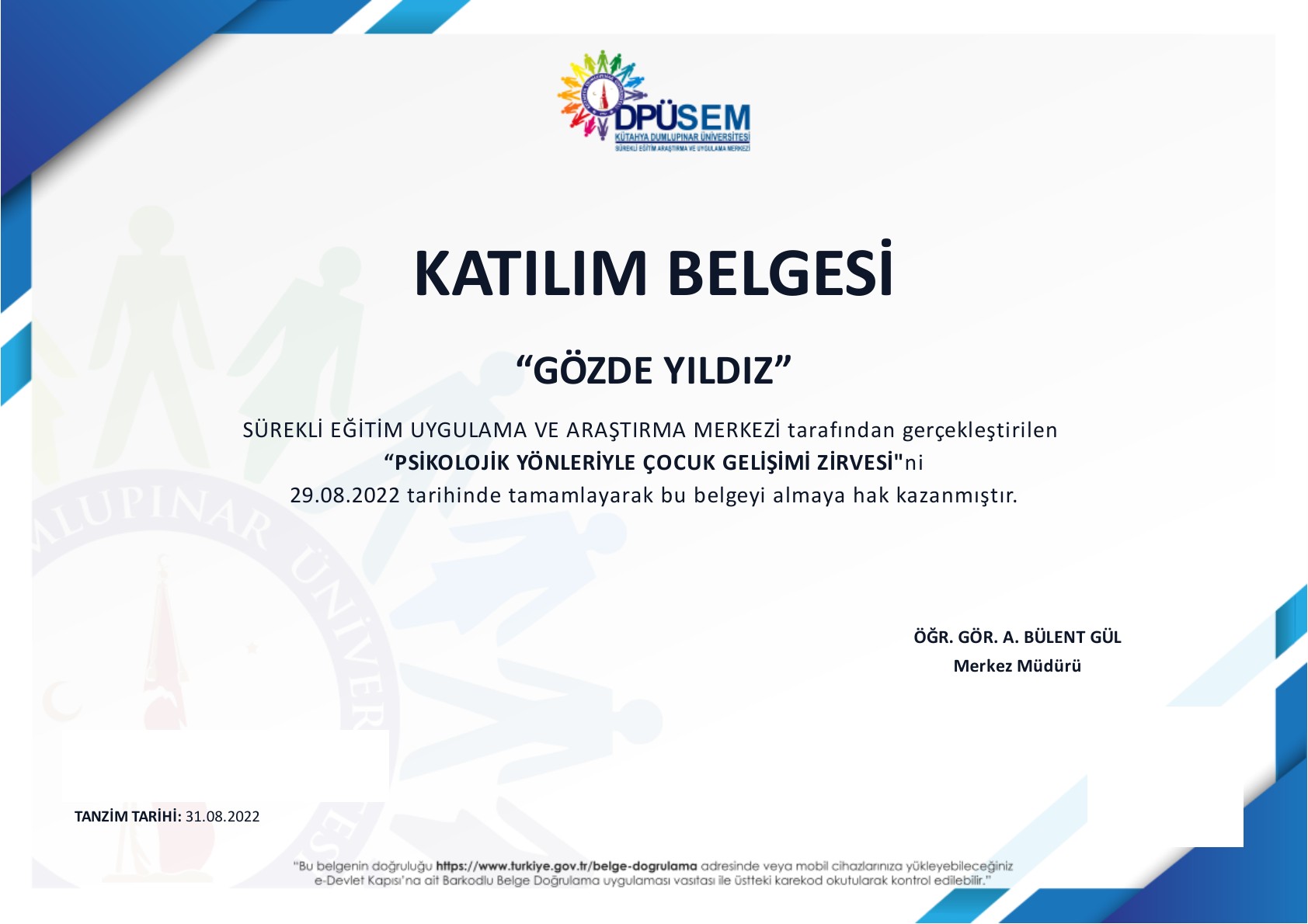 Psikolojik Yönleriyle Çocuk Gelişimi Zirvesi belgesi