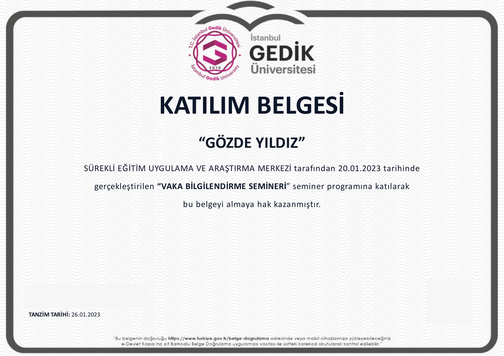 Vaka semineri · 20 Ocak 2023 belgesi