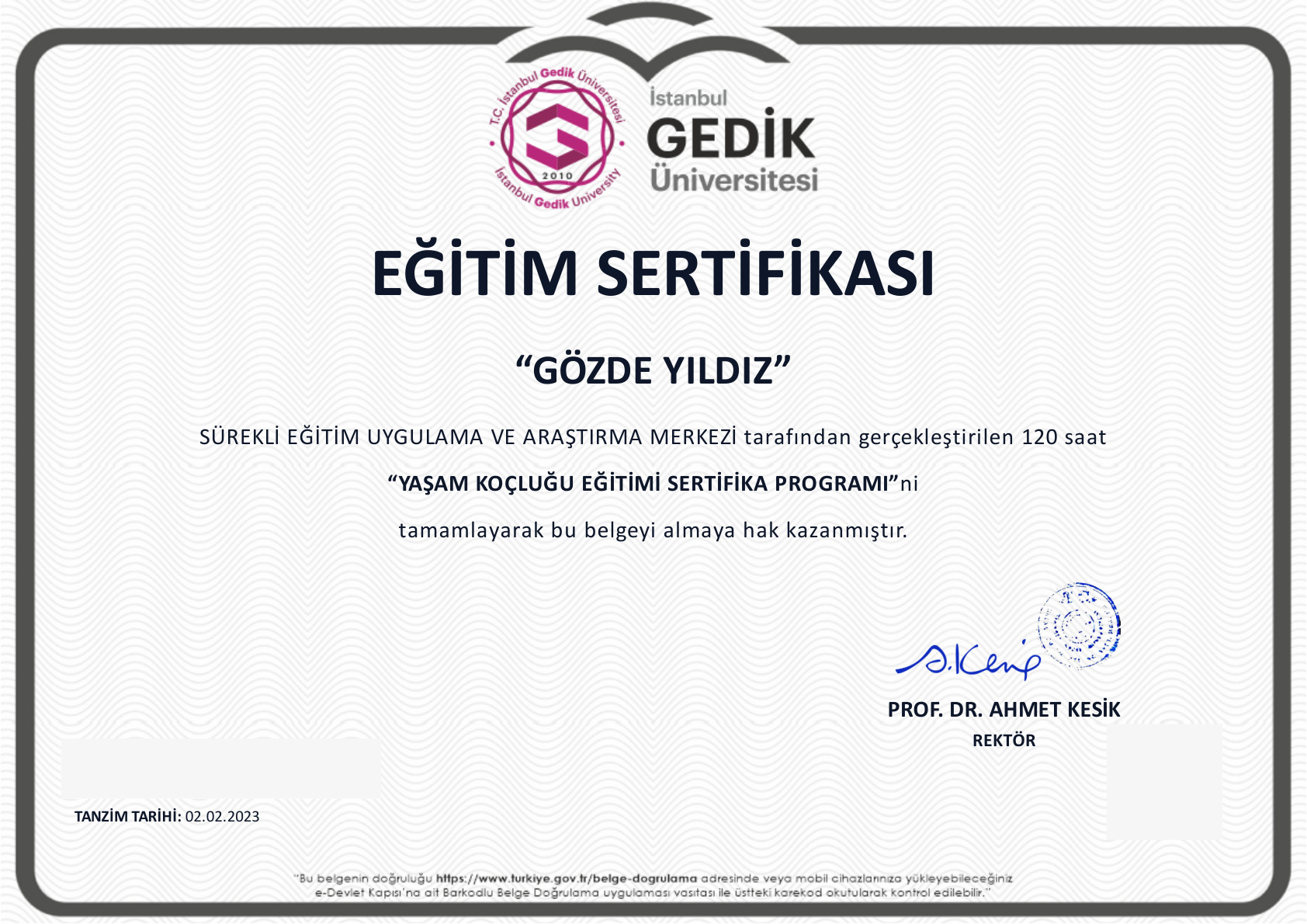 Yaşam Koçluğu Eğitimi belgesi
